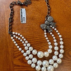 Statement Necklace Triple Strand Pearl Bow Pendant Gun Metal Chain